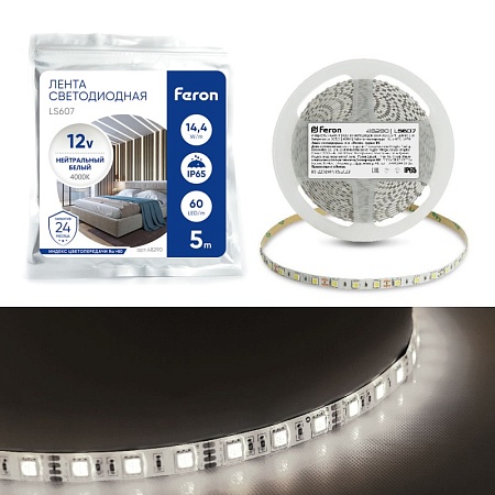 Светодиодная LED лента Feron LS607, 60SMD(5050)/m 14.4W/m 12V 5m 4000К - фото