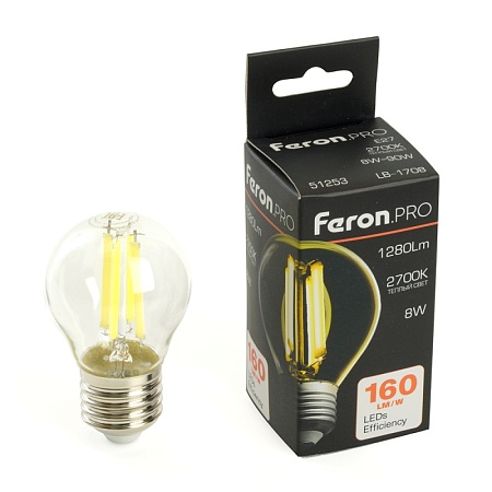 Лампа светодиодная Feron.PRO LB-1708 Шарик E27 1280LM 8W 175-265V 2700K - фото