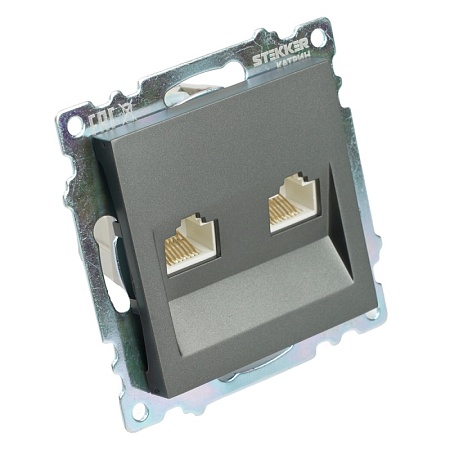 Розетка компьютерная 2-местная RJ-45 (механизм) STEKKER GLS00-7109-06 , серия Катрин, графит - фото