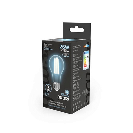 Светодиодная филаментная лампа Gauss FILAMENT A70 26W 2700Lm 4100K E27 102902226 - фото