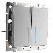 Выключатель двухклавишный проходной с подсветкой серебряный WL06-SW-2G-2W-LED