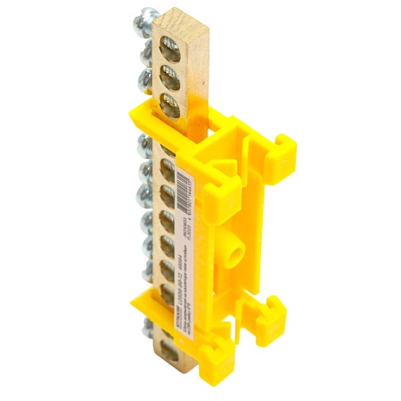 Шина "PE" на изоляторе STEKKER 6*9 тип "стойка" на DIN-рейку 12 выводов, желтый, LD556-69-12 - фото