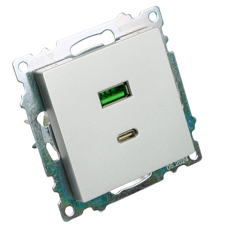 Розетка 2-местная USB + type C (механизм)), STEKKER GLS10-7116-03 , 250B, 3А, max 20W, серия Катрин, серебро - фото