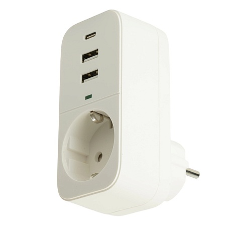 Сетевой фильтр 1-местный с/з STEKKER 250В, 16А,  2USB+1Type-C 2,4 A, серия Nova, HM81-11-1, белый - фото
