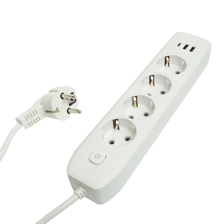 Удлинитель 4-местный c/з 3x1 мм2, 1,8 м, 250В, 10А, 2USB+1Type-C 2,4А, серия Home plus, белый STEKKER HM08-43-02 - фото