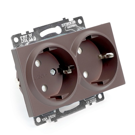 Розетка 2-местная с/з (механизм), STEKKER GLS16-7114-04, 250В, 16А с защитной шторкой, серия Катрин, шоколад - фото
