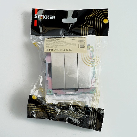 Выключатель 3-клавишный (механизм), STEKKER GLS10-7108-03, 250V, 10А, серия Катрин, серебро - фото