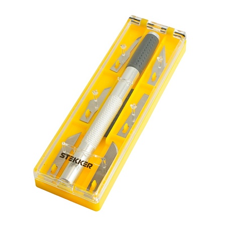Нож макетный с алюминиевой рукояткой, 0,5 мм, кейс, 6 лезвий в комплекте, STEKKER KMU-41-S - фото