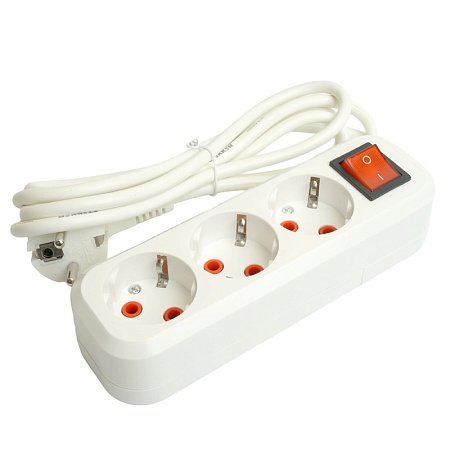 Удлинитель трехместный с/з  с выключ. STEKKER HM07-31-02 3x1мм2, 2м, серия Home (У16А-002), белый - фото