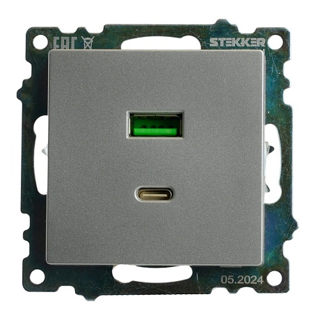Розетка 2-местная USB + type C (механизм)), STEKKER GLS10-7116-03 , 250B, 3А, max 20W, серия Катрин, серебро - фото