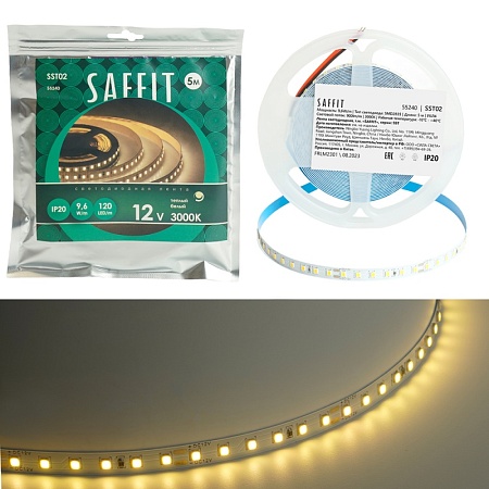 SST02 SAFFIT 120SMD(2835)/м 9.6Вт/м 12V 5000*8*1.22мм 3000К, IP20 - фото