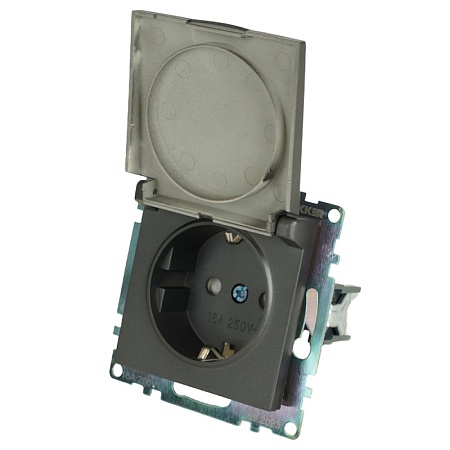 Розетка 1-местная с/з с крышкой (механизм), STEKKER GLS16-7112-04, 250В, 16А с защитной шторкой, серия Катрин, графит - фото