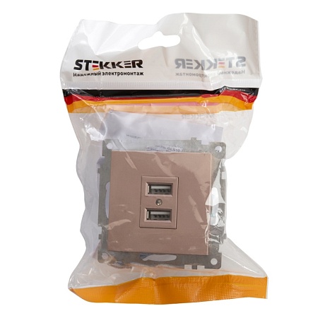 Розетка USB 2-местная (механизм), STEKKER GLS10-7115-02, 250B, 2,1A, серия Катрин, шампань - фото