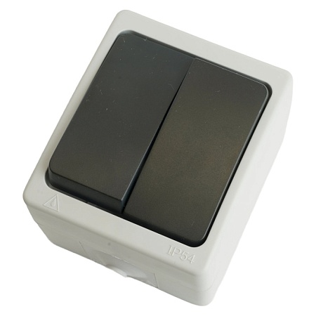 Выключатель 2-клавишный, STEKKER, PSW10-121-54, открытой установки, 250В, 10А, IP54, серый/графит - фото
