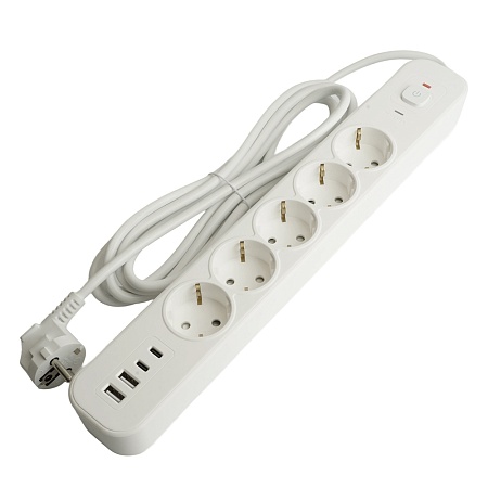 Сетевой фильтр 5-местный с/з STEKKER 3x1мм2, 3 м, 250В, 16А, 2 USB-A+2 Type-C 3, серия Nova, белый - фото