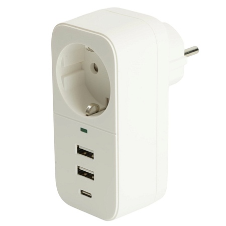 Сетевой фильтр 1-местный с/з STEKKER 250В, 16А,  2USB+1Type-C 2,4 A, серия Nova, HM81-11-1, белый - фото