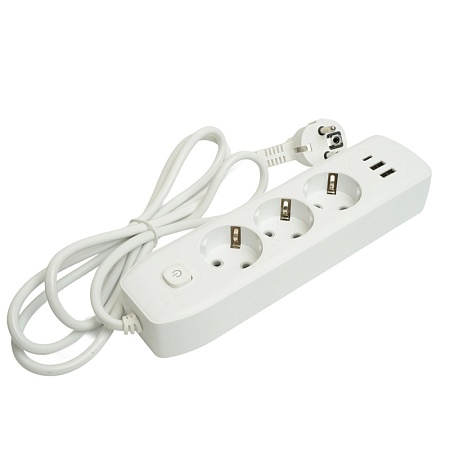 Удлинитель 3-местный c/з 3x1 мм2, 1,8 м, 250В, 10А, 2USB+1Type-C 2,4А, серия Home plus, белый STEKKER HM08-33-02 - фото