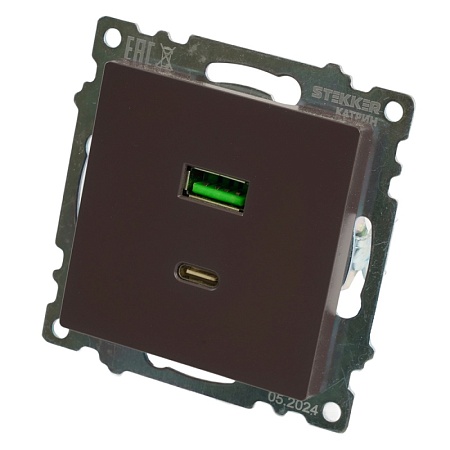 Розетка 2-местная USB + type C, STEKKER GLS10-7116-04, 250В, 3А, max 20W,серия Катрин, шоколад - фото