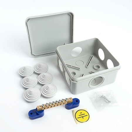 Коробка разветвительная уравнивания потенциалов (КУП) STEKKER EBX20-36-55, 100*100*50мм, 6 вводов, IP55, светло-серая (GE41361) - фото