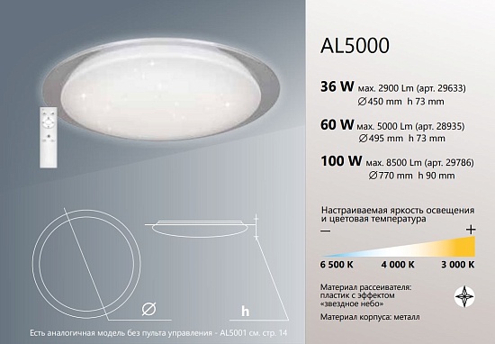 Светодиодный управляемый светильник накладной Feron AL5000 STARLIGHT тарелка 36W 3000К-6500K белый с кантом - фото