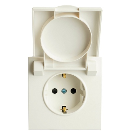 Розетка 1-местная с крышкой с защ. штор, STEKKER, с/з, 250В, 16А, серия Эмили, RST16-5112-01, белый фарфор, soft touch - фото
