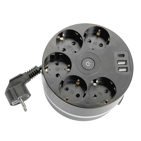 HM10-51-01 Удлинитель 5-местный с/з, 3x1мм2, 2.5м, 250В, 16А, 2USB+С 5V 3,1А, серия Comfort, черный - фото