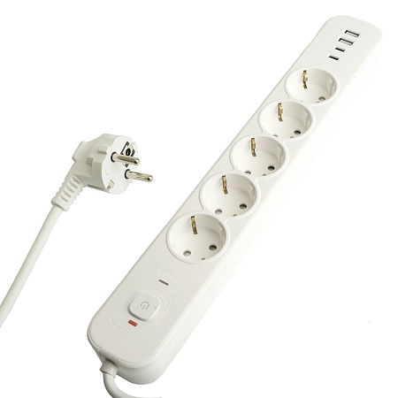 Сетевой фильтр 5-местный с/з STEKKER 3x1мм2, 3 м, 250В, 16А, 2 USB-A+2 Type-C 3, серия Nova, белый - фото