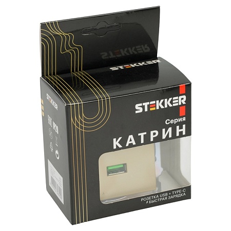 Розетка 2-местная USB + type C (механизм), 250В, 3А, max 20W, STEKKER, GLS10-7116-08, серия Катрин, золото - фото