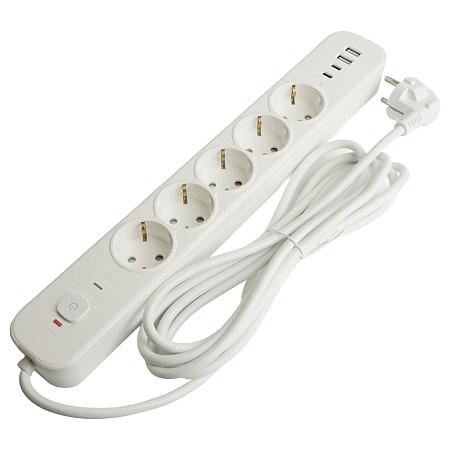 Сетевой фильтр 5-местный с/з STEKKER 3x1мм2, 3 м, 250В, 16А, 2 USB-A+2 Type-C 3, серия Nova, белый - фото
