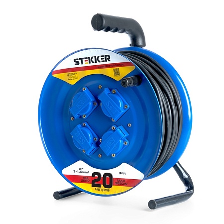 Удлинитель на металлической катушке с/з 4-местный Stekker, PRF02-31-20, 20м, 3*1,5, серия Professional, синий - фото