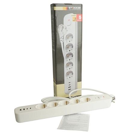 Сетевой фильтр 5-местный с/з STEKKER 3x1мм2, 5 м, 250В, 16А, 2 USB-A+2 Type-C 3, серия Nova, белый - фото