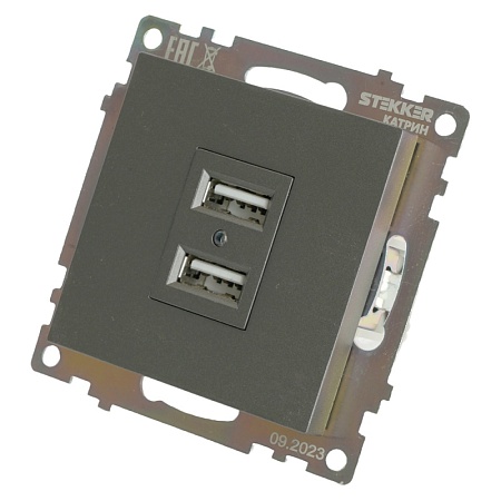 Розетка 2-местная USB (механизм), 250В, 2,1А, серия Катрин, графит, GLS10-7115-06 - фото