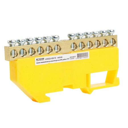Шина"PE" на изоляторе STEKKER 6*9 на DIN-рейку 12 выводов, желтый, LD555-69-12 - фото