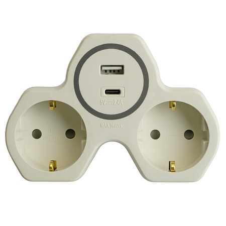 Разветвитель сетевой 2-местный с/з STEKKER ADP16-15-20, 250V, 16A и USB+Type C на 2.4А, белый/серый - фото