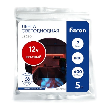 Светодиодная COB лента Feron LS630, 400SMD(2110)/ 7Вт/м 12V 5000*3*1.8мм красный, IP20 - фото