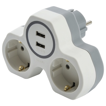 Разветвитель сетевой 2-местный с/з STEKKER ADP16-14-20, 250V, 16A и 2-мя USB выходами на 2,4А, огнеустойчивый пластик, белый/серый - фото