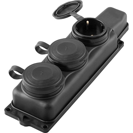 Розетка переносная 3-местная c/з STEKKER, RST16-23-44 (РП 16-334), штепсельная 250В, 16А, IP44, черный - фото