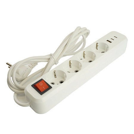 Удлинитель 4-местный с/з с выключ. STEKKER HM071-41-03 3x1мм2, 3м, 250В, 16А, 1USB+2C, 2.4A, сер Home, белый - фото