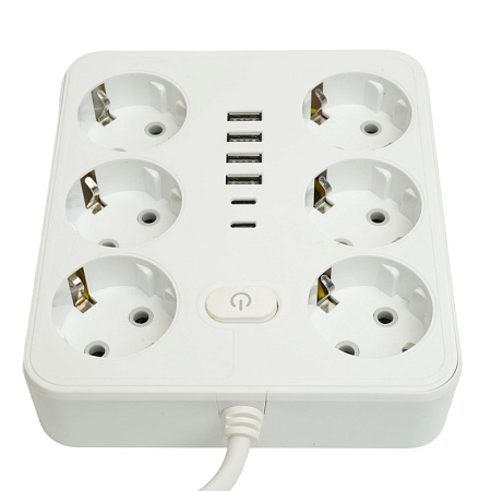 Удлинитель 6-местный c/з 3x1 мм2, 3 м, 250В, 10А, 4USB+2Type-C 2,4А, серия Home plus, белый STEKKER HM09-66-02 - фото