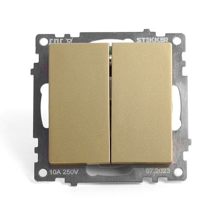 Выключатель 2-клавишный (механизм) STEKKER, GLS10-7104-08, 250В,10А, серия Катрин, золото - фото