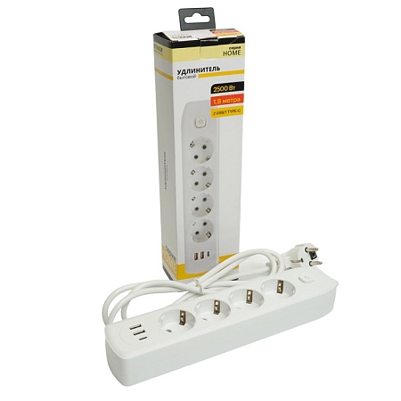 Удлинитель 4-местный c/з 3x1 мм2, 1,8 м, 250В, 10А, 2USB+1Type-C 2,4А, серия Home plus, белый STEKKER HM08-43-02 - фото